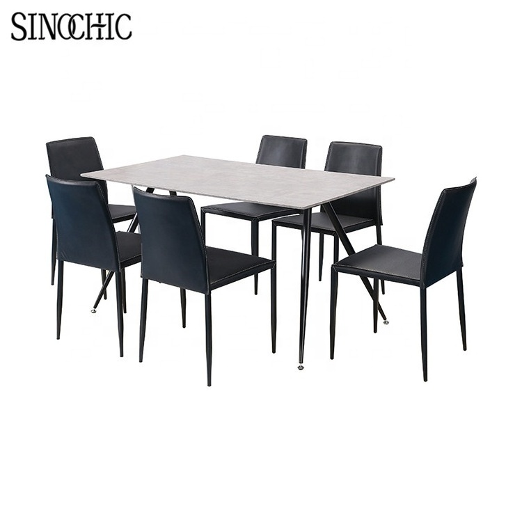 Dinning Table Set Classic 4/6 Seat Modern Fiber Square Glass Top Metal Leg And Upholstered PU Chair Dining Table Set