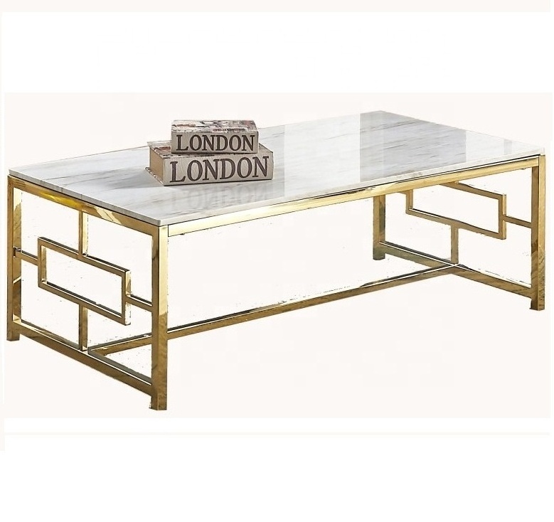 high polishing stainless steel frame living room table golden chrome marble top coffee table