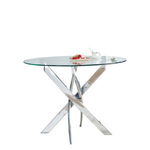 Nordic X Shape Tempered Glass Home Restaurant Dining Room Furniture Set Stainless Steel Leg Glass Top Round Dining Table