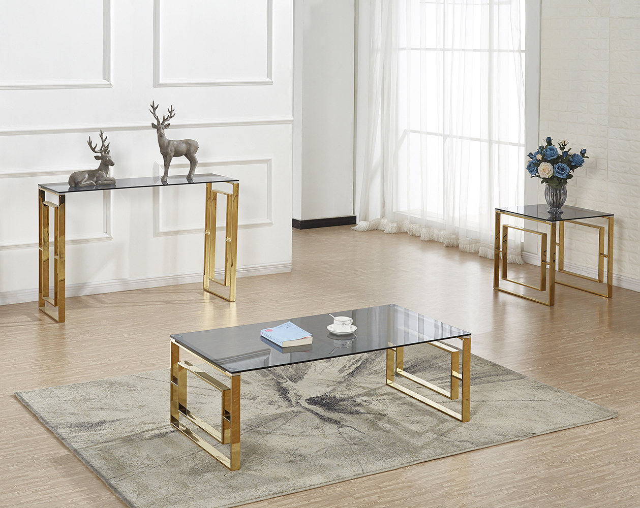 Gold Nesting Tables Clear Glass Top Coffee Table Desk Living Room Furniture