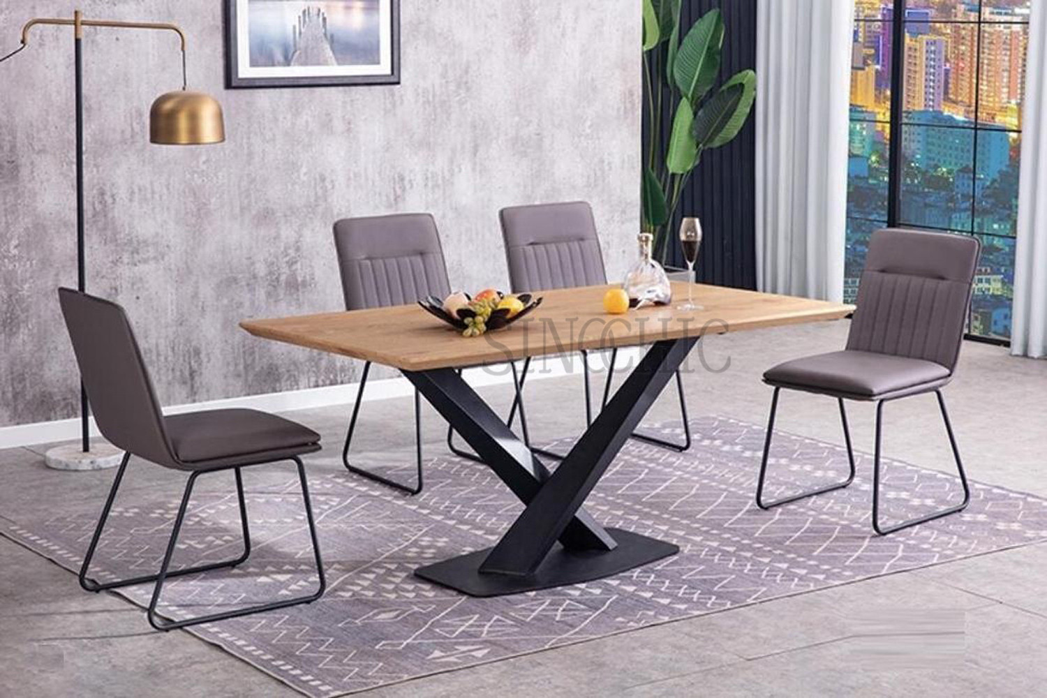 High quality modern design wooden industrial style dining table with black metal legs with benches and chairs