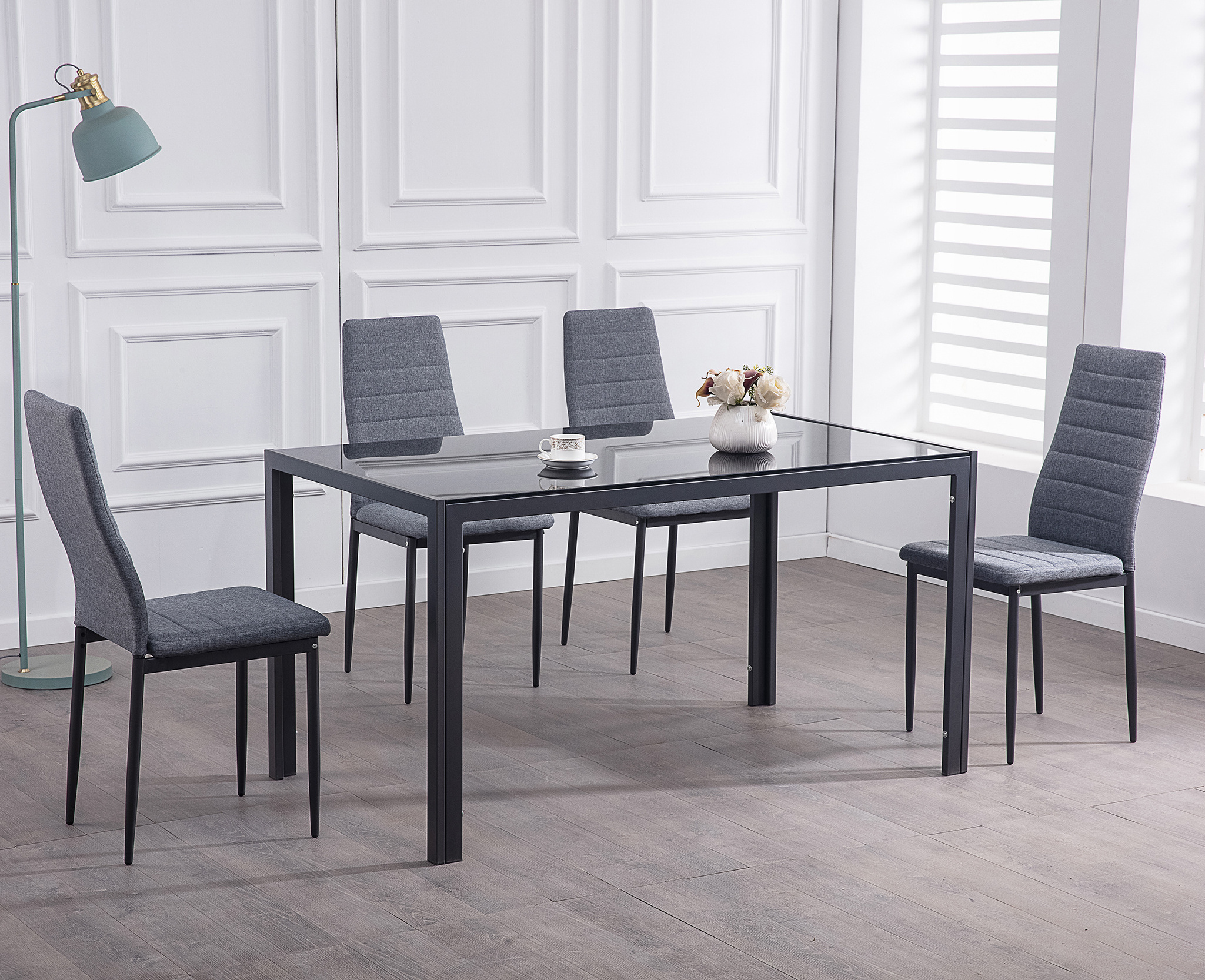 Dinning Table Set Classic 4/6 Seat Modern Fiber Square Glass Top Metal Leg And Upholstered PU Chair Dining Table Set