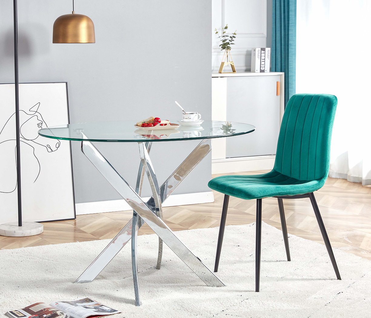 Nordic X Shape Tempered Glass Home Restaurant Dining Room Furniture Set Stainless Steel Leg Glass Top Round Dining Table