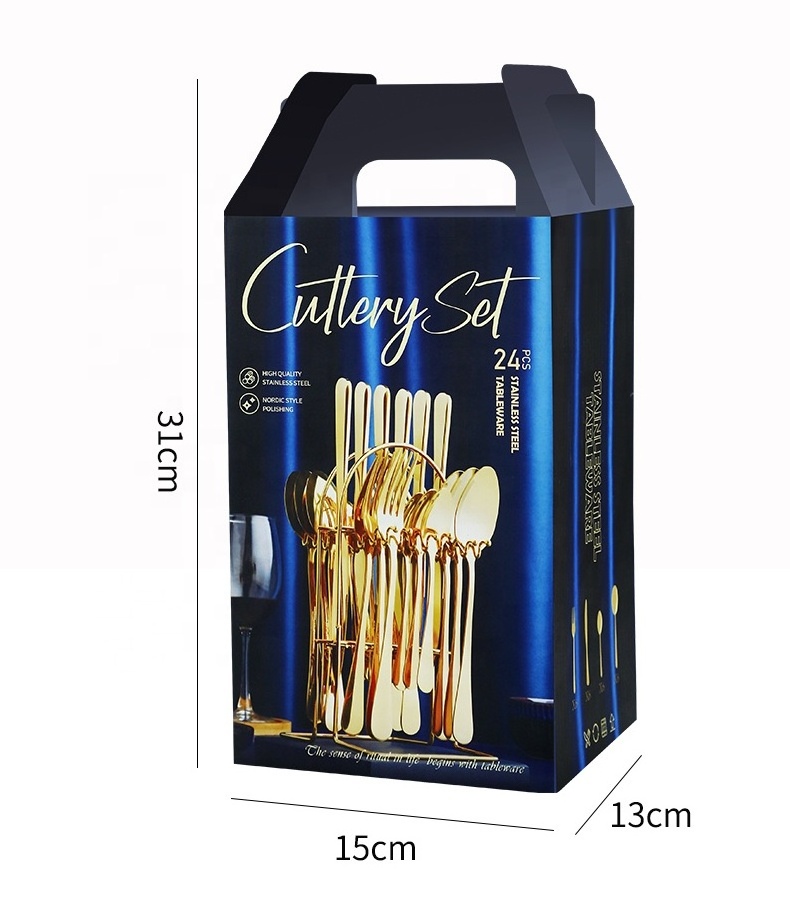 24pcs Gold Luxury Flateware Cutlery Set Reusable Stainless Steel tableware Sets With Holder Rack