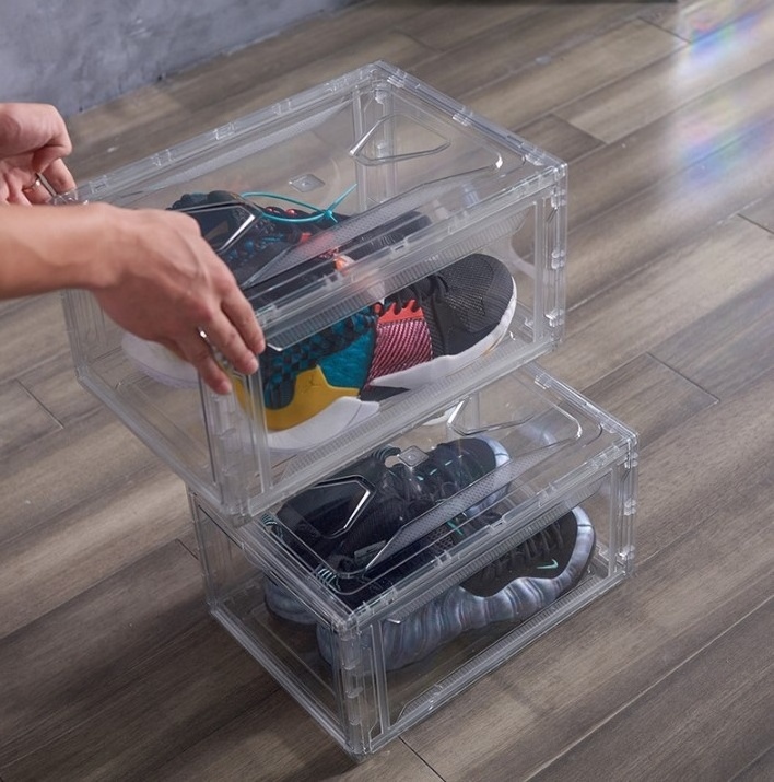 Eco-Friendly PP Sneakers Side Drop Transparent Clear Plastic Shoe Box Storage With Custom Logo