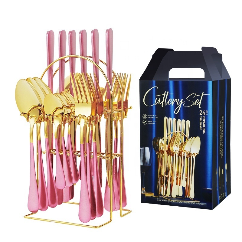 24pcs Gold Luxury Flateware Cutlery Set Reusable Stainless Steel tableware Sets With Holder Rack