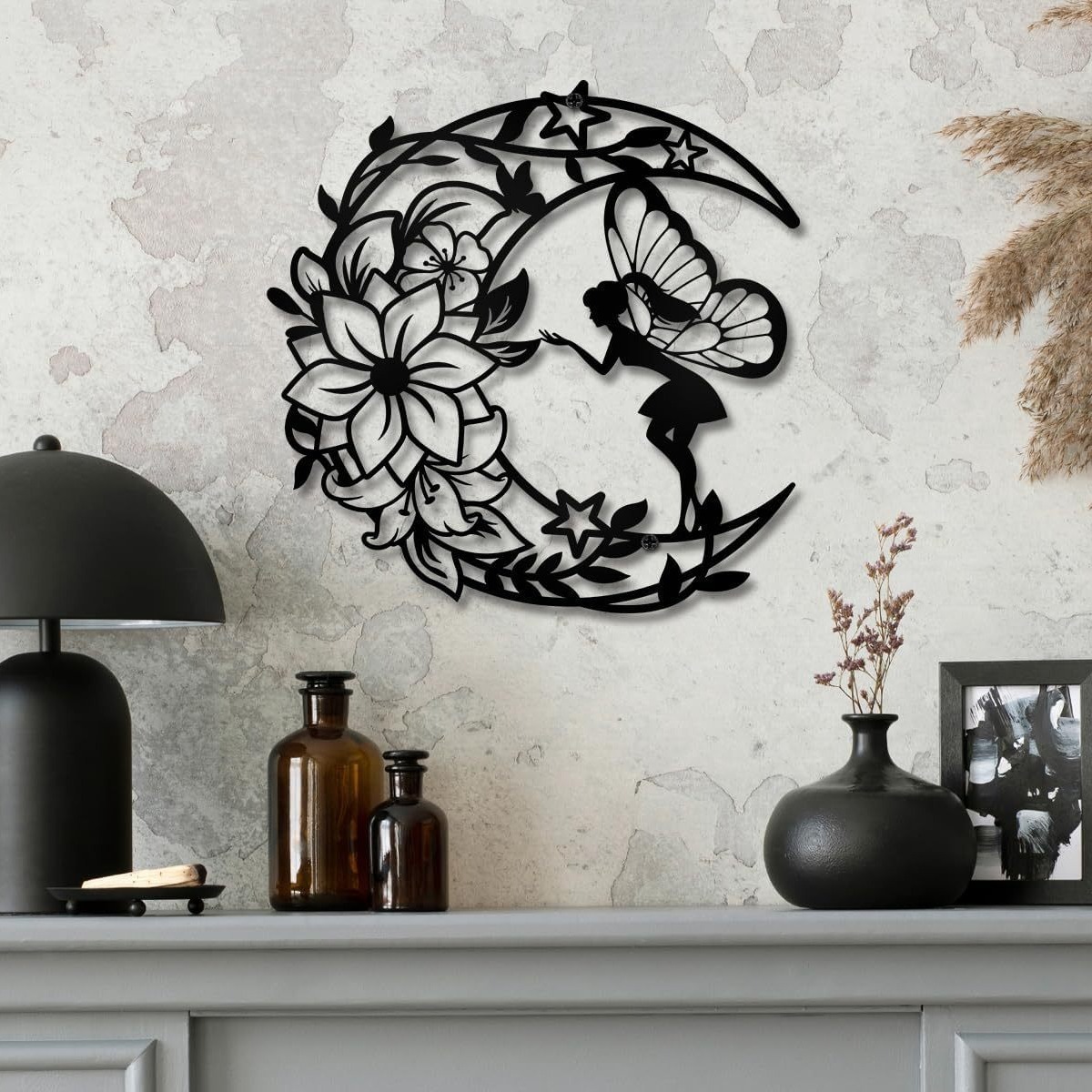 Silhouette Black Moon Cat Fairy Metal Wall Art round Wrought Iron Design for Bedroom & Living Room Home Decor