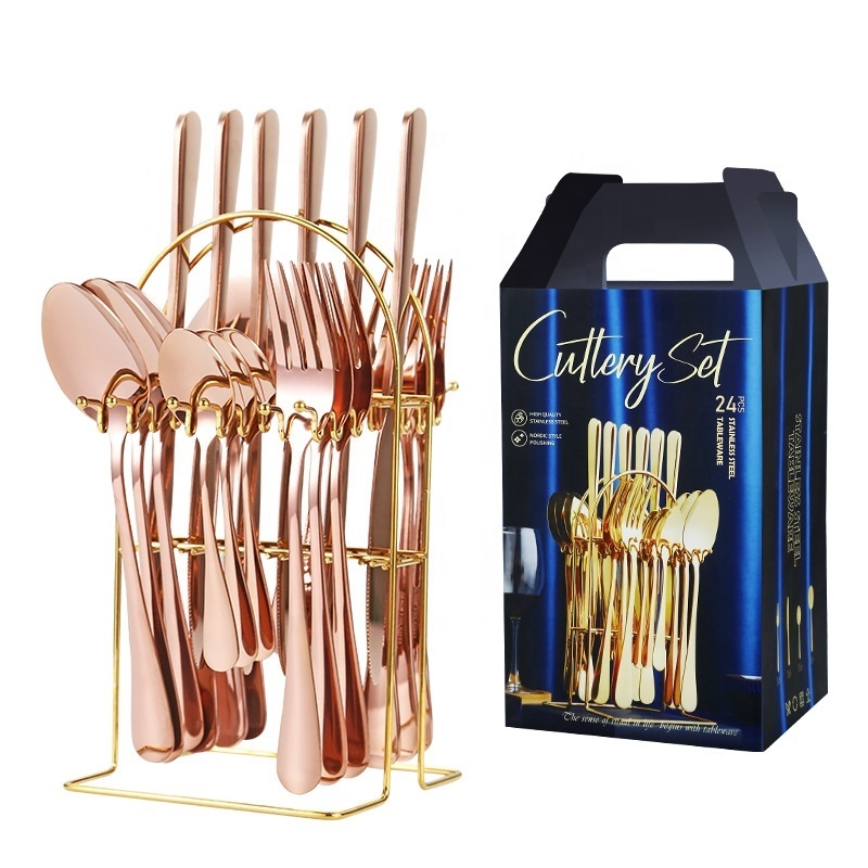 24pcs Gold Luxury Flateware Cutlery Set Reusable Stainless Steel tableware Sets With Holder Rack