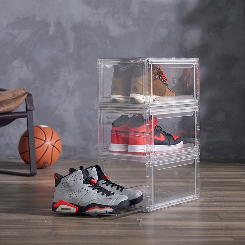 Transparent Plastic Sneaker Stackable Shoe Storage Boxes Front Drop Acrylic Drawer Type Magnetic Clear Shoe Box