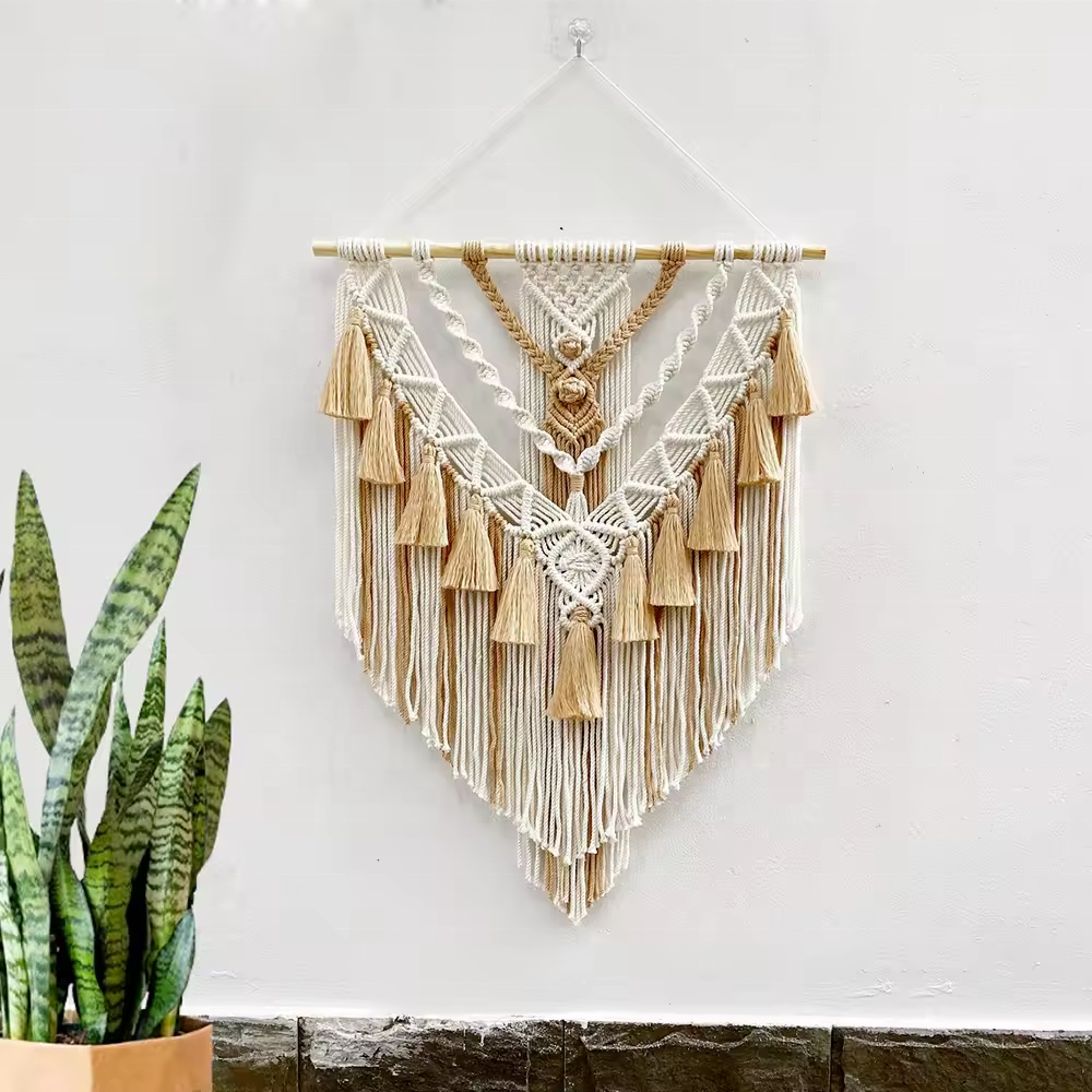 Macrame Leaf Wall Hanging Tapestry With Tassel Hand-Woven Nordic Nursery Aesthetic Home Decor Boho Art