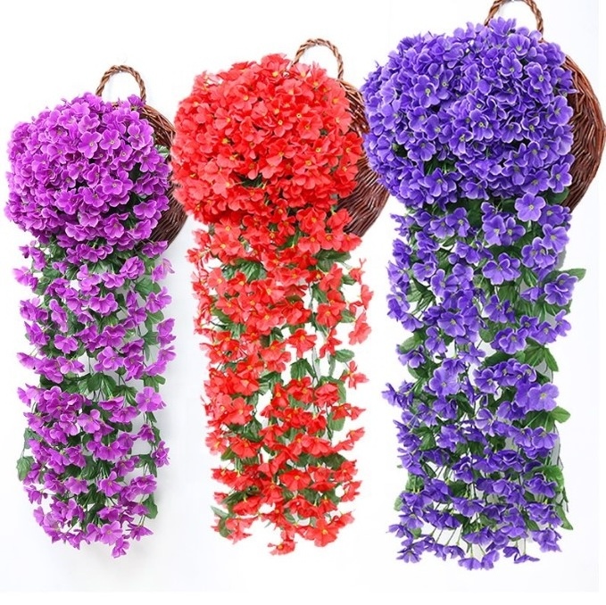 Artifical violet silk flower vine wall hanging faux purple rattan for wedding decoration backdrop