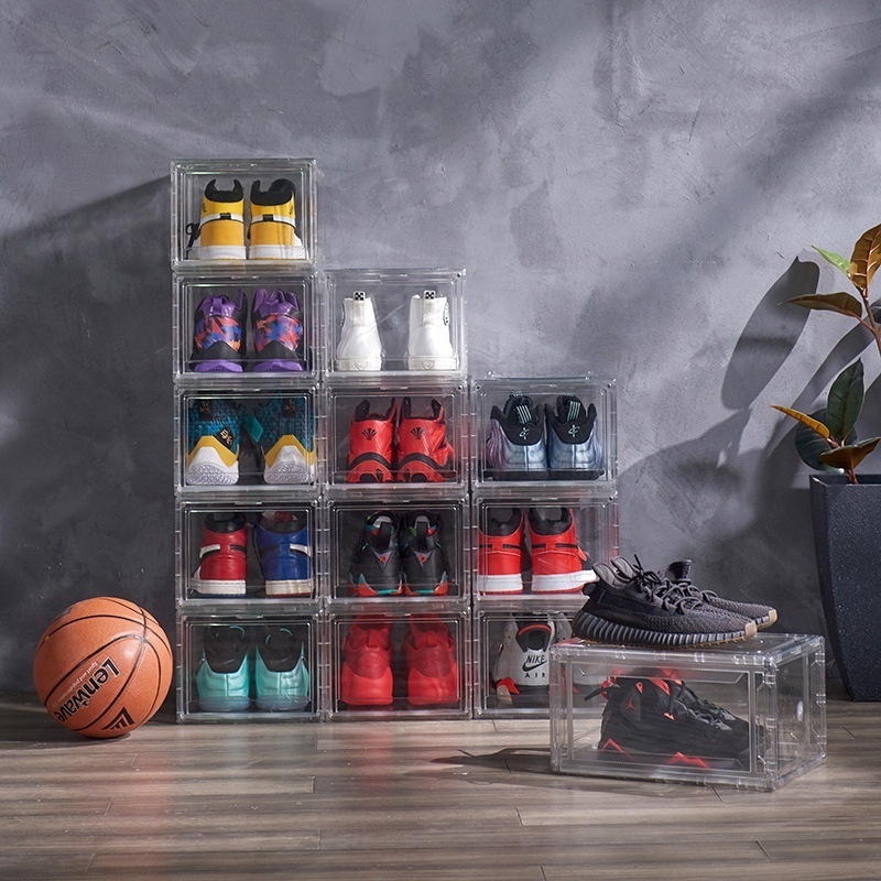 Transparent Plastic Sneaker Stackable Shoe Storage Boxes Front Drop Acrylic Drawer Type Magnetic Clear Shoe Box