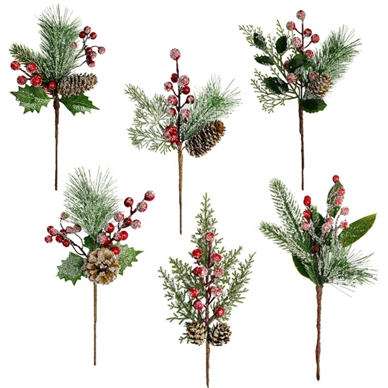 hot selling artificial Christmas decorations cedar and fir leaves plants for flower arrangement pine cone