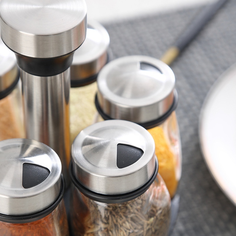 kitchen organizer Sprays Bottles Salt Shakers Stainless Steel Seasoning Condiment Salt Pepper Spice Jar rack Set With Rack