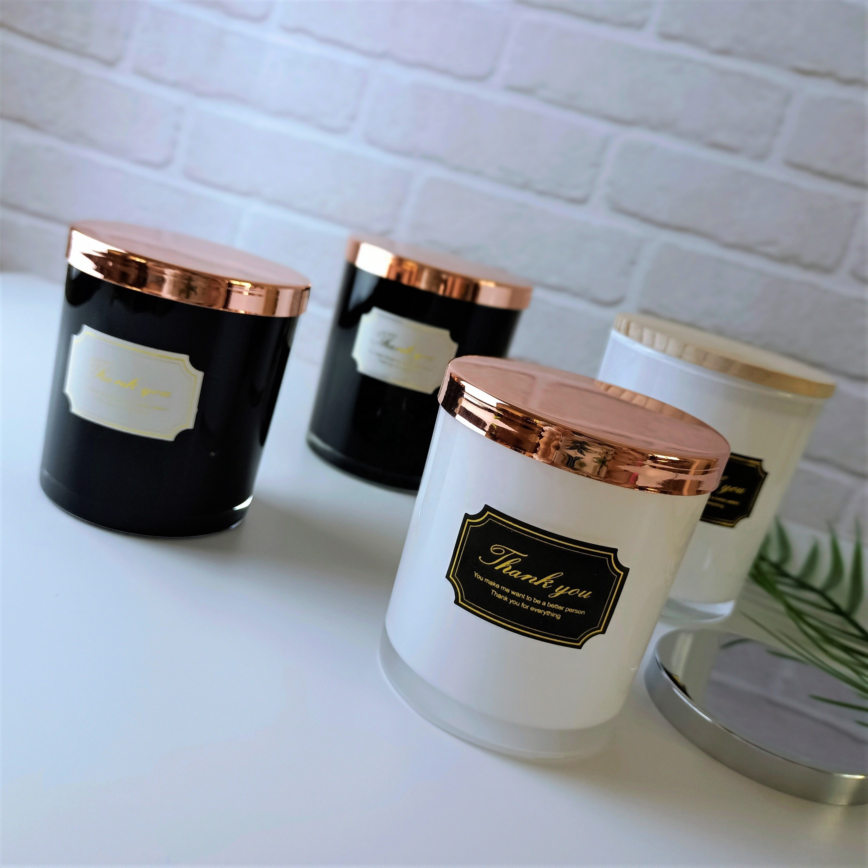 Glossy black and glossy white clear candle holder frosted glass candle jar with gold lid