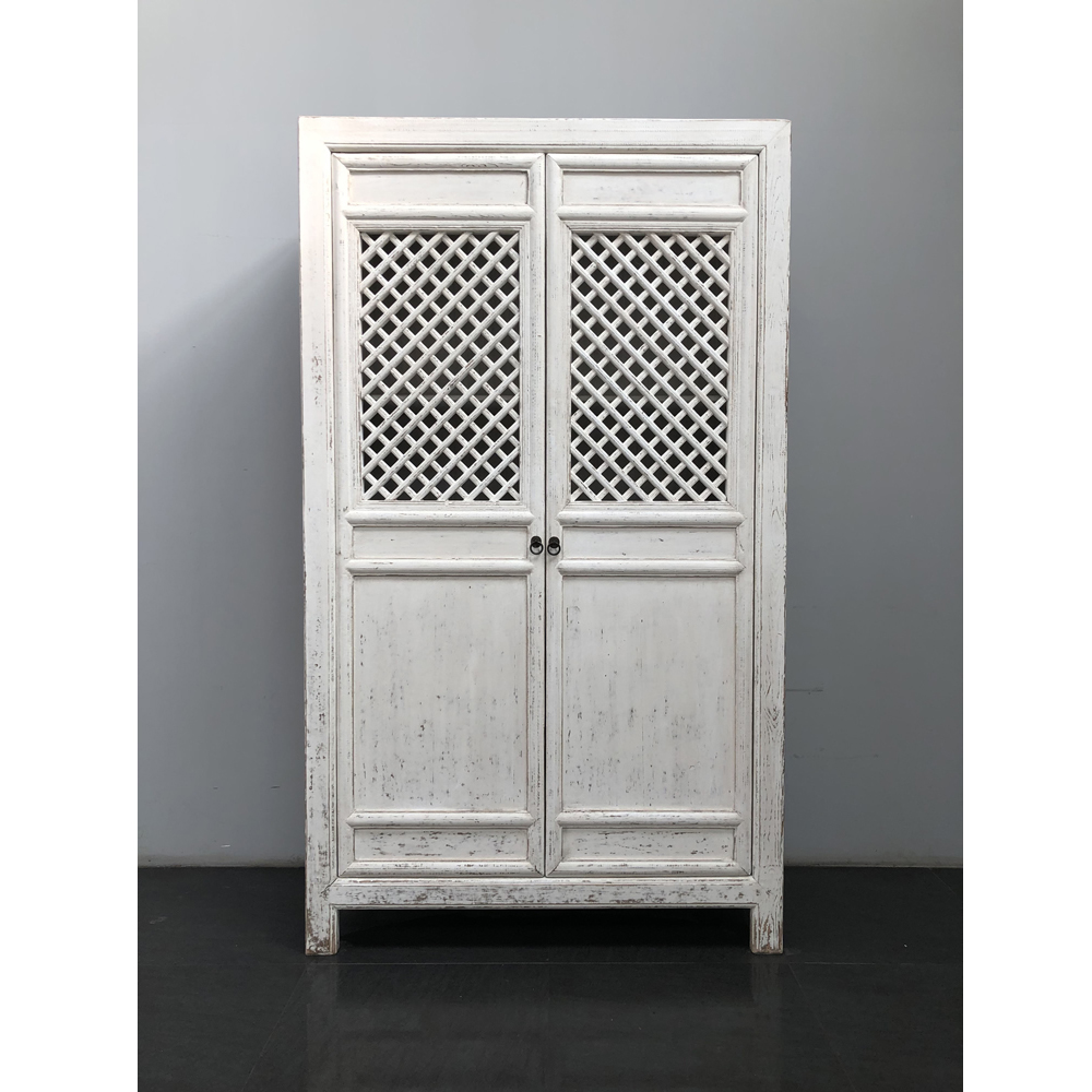 Handcrafted Recycled Solid Wood Asian Style Wardrobe Antique Shabby Chic White Black Carved Armoire