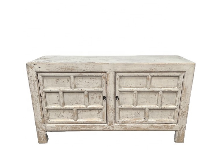 Chinese wholesale rustic shabby chic bleached white wash wood kitchen room furniture two door carving storage cabinet cabinet