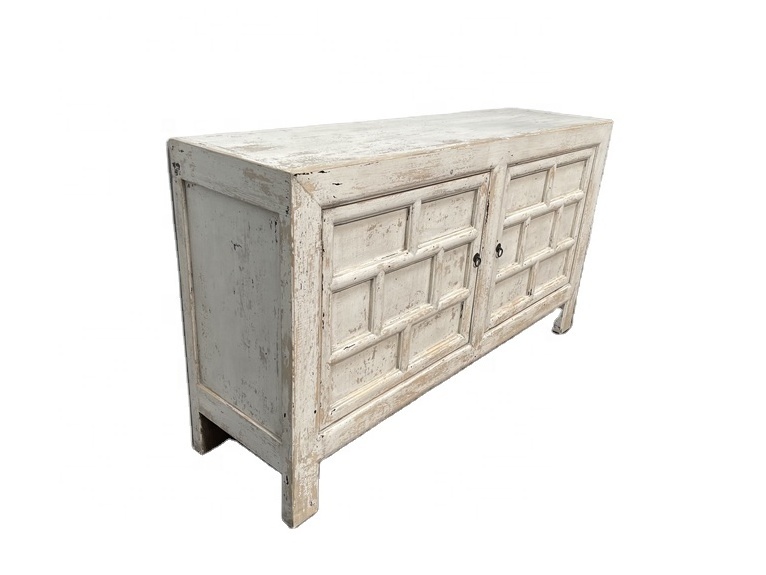 Chinese wholesale rustic shabby chic bleached white wash wood kitchen room furniture two door carving storage cabinet cabinet