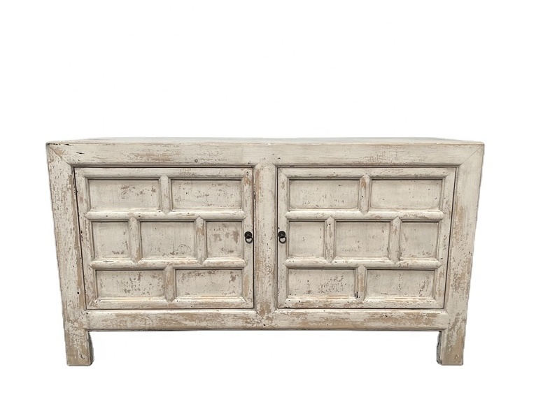 Chinese wholesale rustic shabby chic bleached white wash wood kitchen room furniture two door carving storage cabinet cabinet