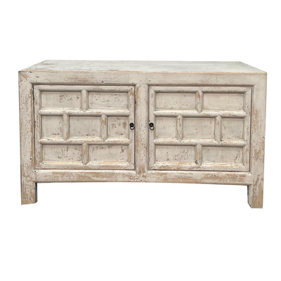 Chinese wholesale rustic shabby chic bleached white wash wood kitchen room furniture two door carving storage cabinet cabinet