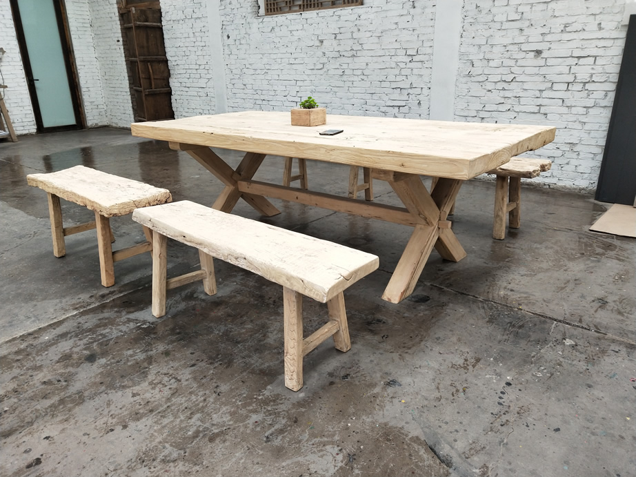 Chinese reproduction Natural Pine Wood Long Bench Recycled Rustic Raw Finish Farmhouse Bench