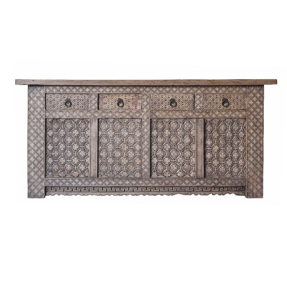 Antique Rustic finish home furniture Solid Reclaimed Wood Natural Carved Retro High Console Cabinet