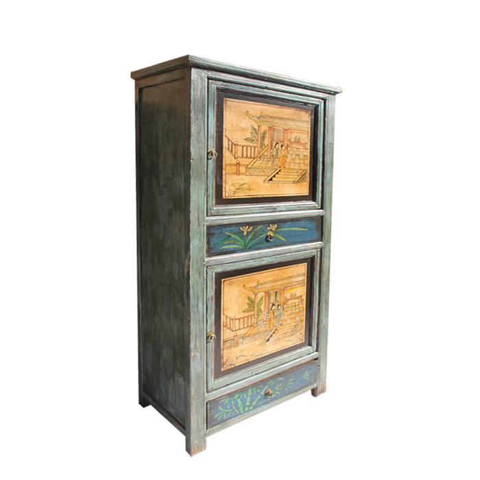 Chinese antique classic vintage reproduction hand painted distressed grey solid wood armoire wardrobe