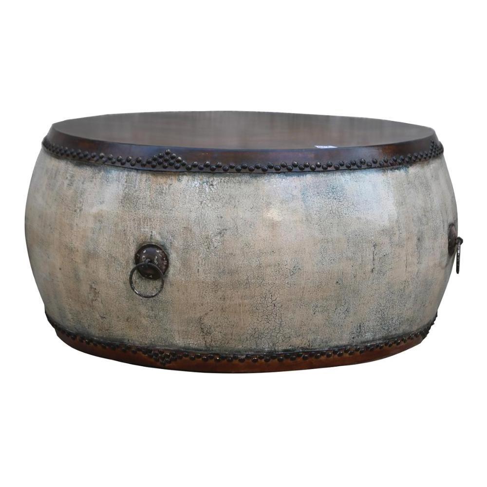 Chinese antique Living room wooden Drum Round Coffee table sofa movable side table