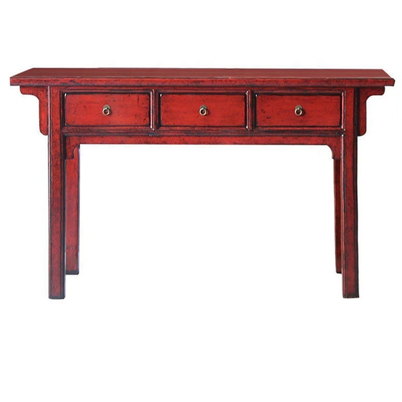 Chinese Antique Vintage Red Painted Wooden Three Drawers Console Writing Desk