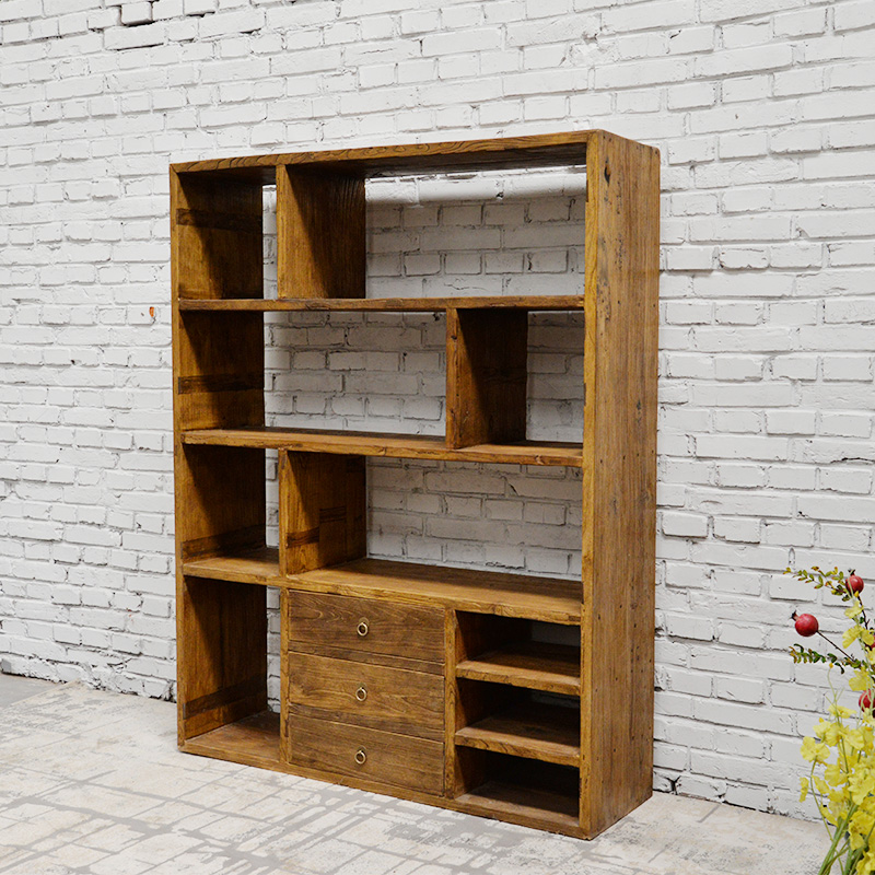 Chinese Antique Wholesale Living Room Furniture Tall Recycled Wood Bookcase Natural Display Shelf Bookshelf