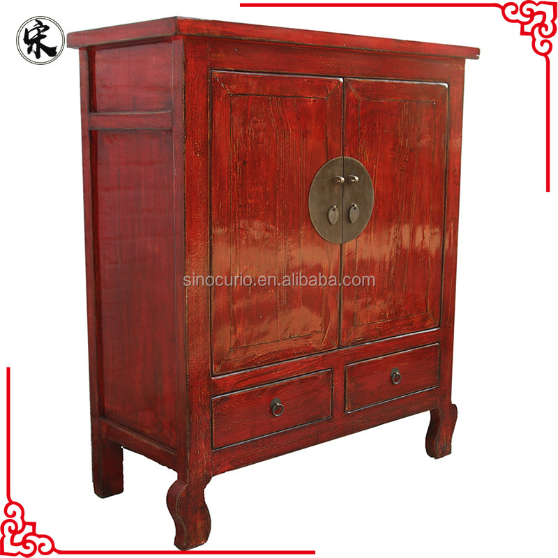 chinese antique wooden furniture red painted two door two drawer cabinet