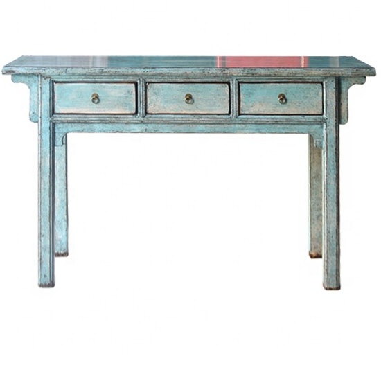 Chinese Antique Vintage Red Painted Wooden Three Drawers Console Writing Desk