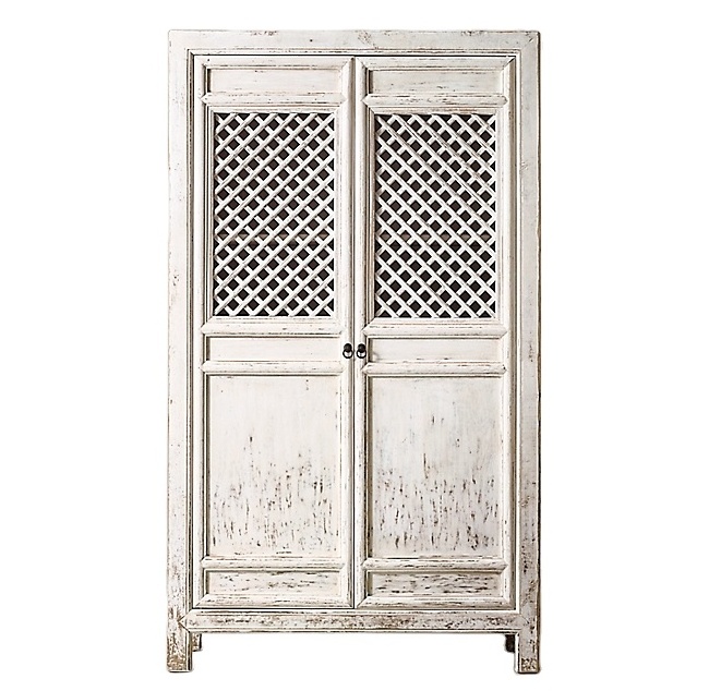 Handcrafted Recycled Solid Wood Asian Style Wardrobe Antique Shabby Chic White Black Carved Armoire