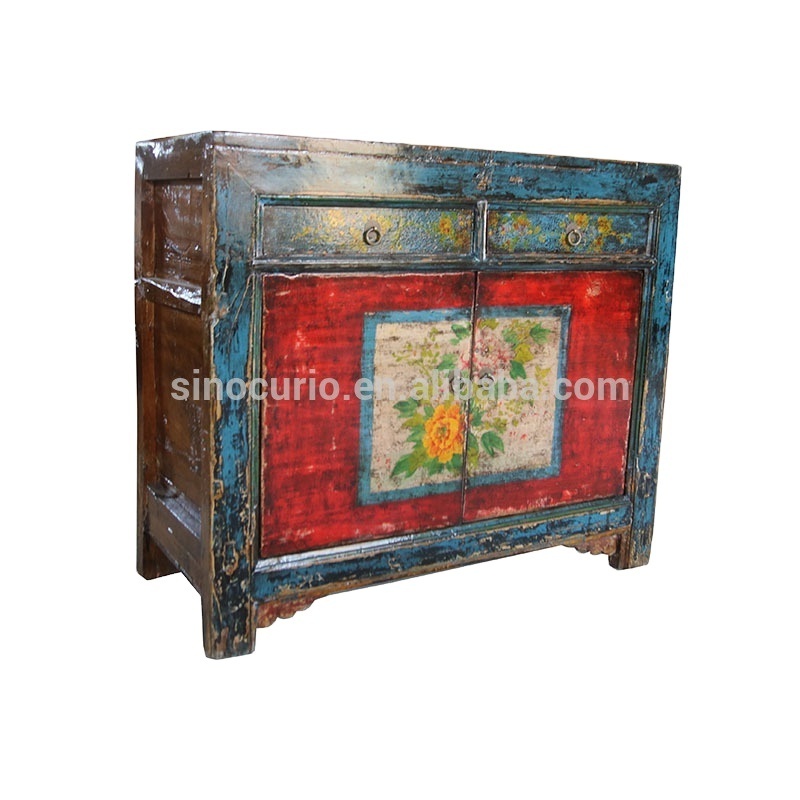 Chinese antique vintage wooden hand painted shoe storage cabinet