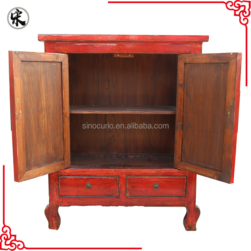 chinese antique wooden furniture red painted two door two drawer cabinet