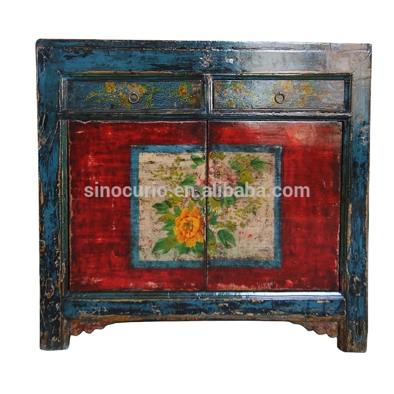 Chinese antique vintage wooden hand painted shoe storage cabinet