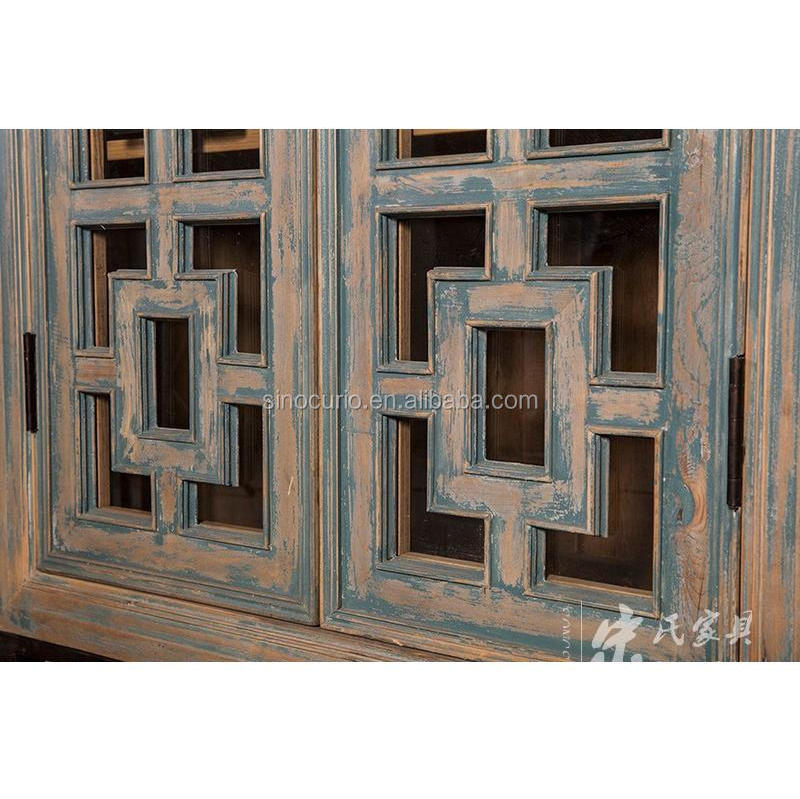 Chinese vintage industrial recycled wooden living room shelf showcase antique french style wooden carved showcase