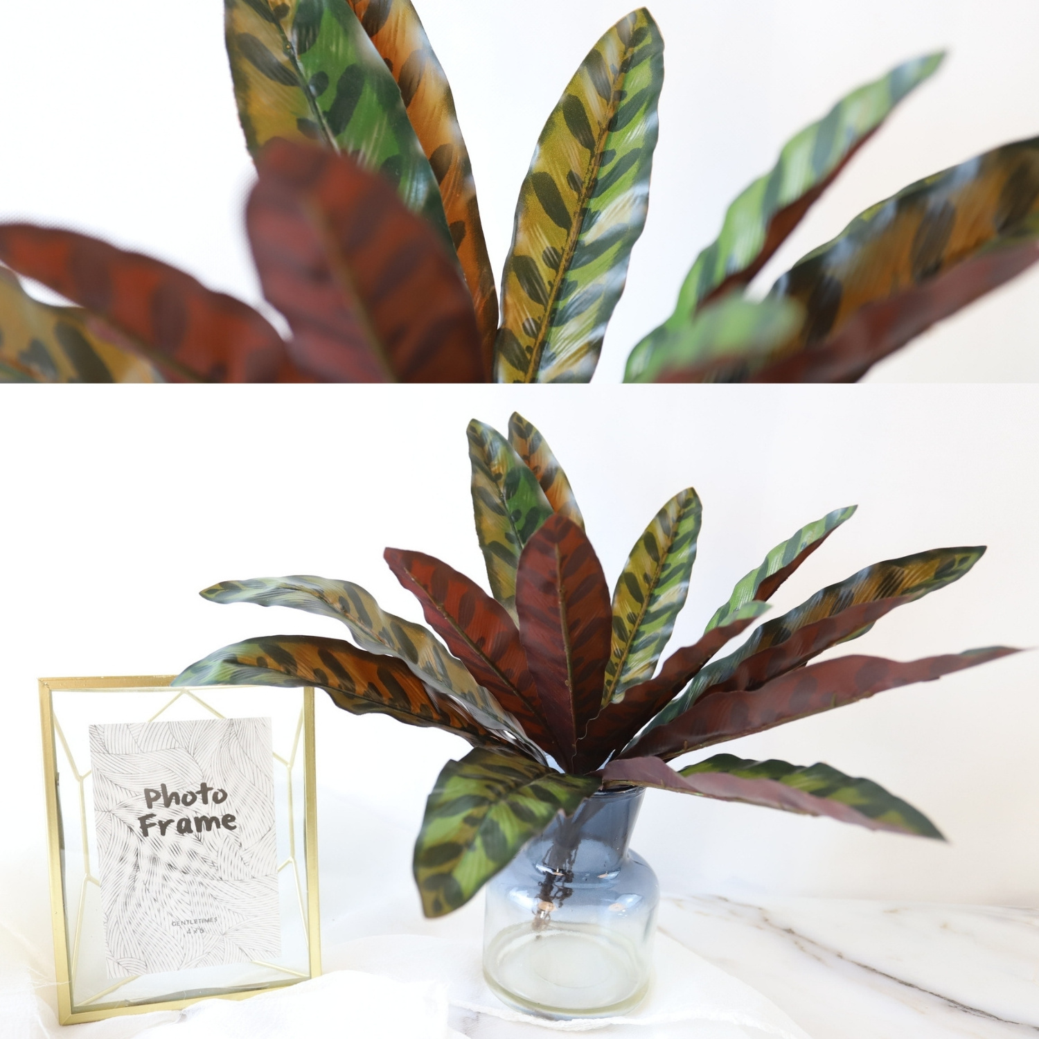 New Design Lifelike Artificial Plants Fixed in Vase with Resin Water Calathea Faux Tropical Plants Peacock Artificial Plant