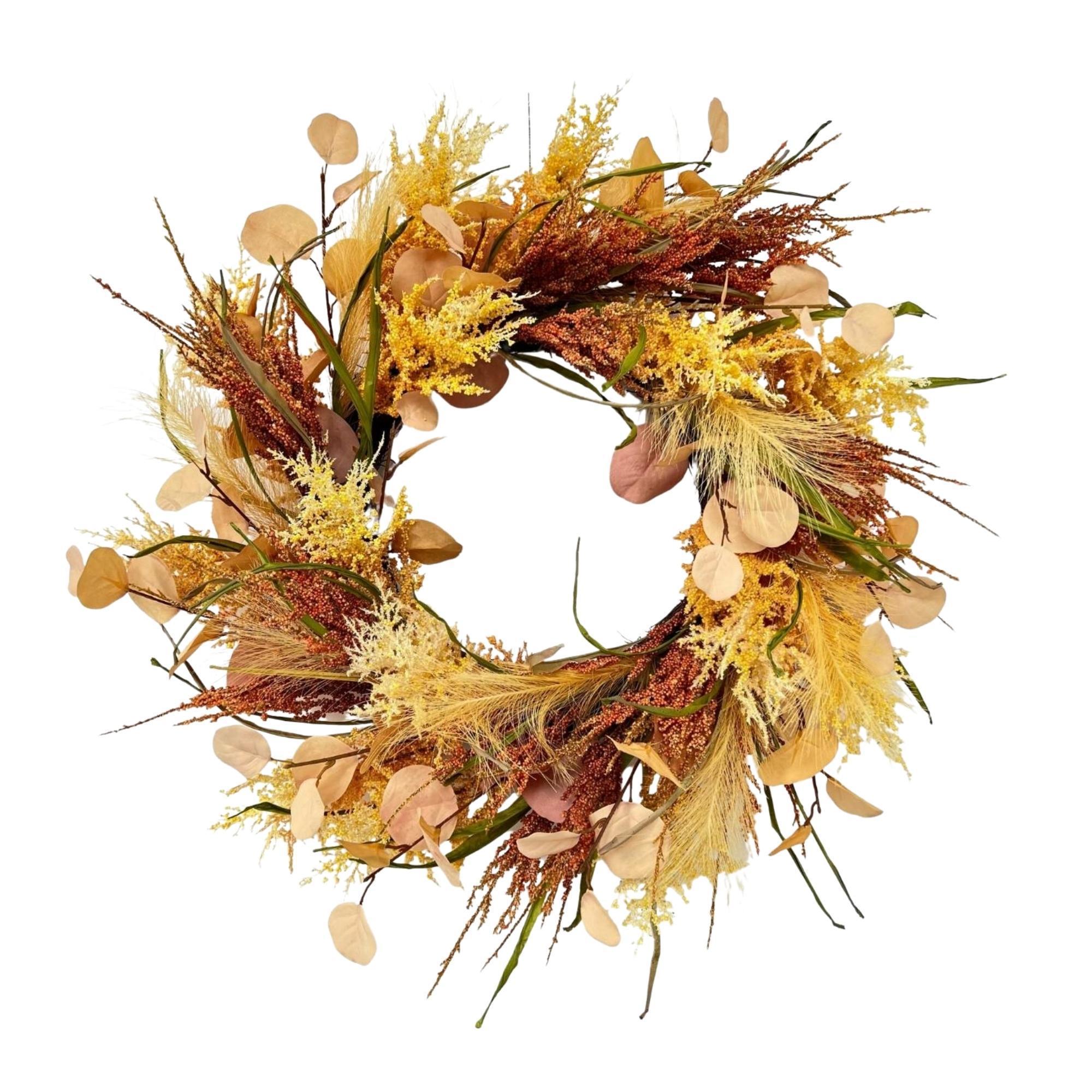 Artificial Wreath for Frontdoor Hanging Artificial Fall Grass and Foliage Harvest Wreath for Autumn Halloween Decoration