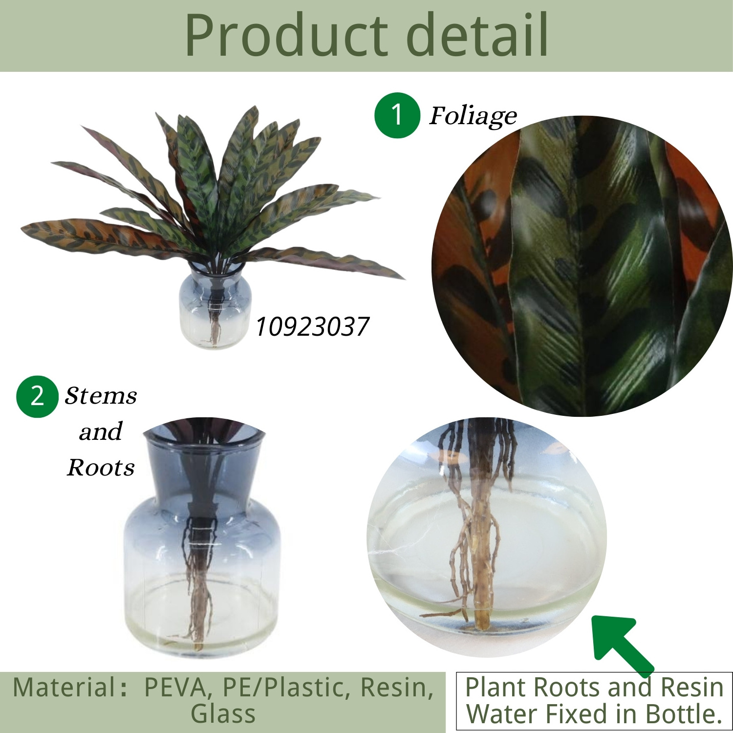 New Design Lifelike Artificial Plants Fixed in Vase with Resin Water Calathea Faux Tropical Plants Peacock Artificial Plant