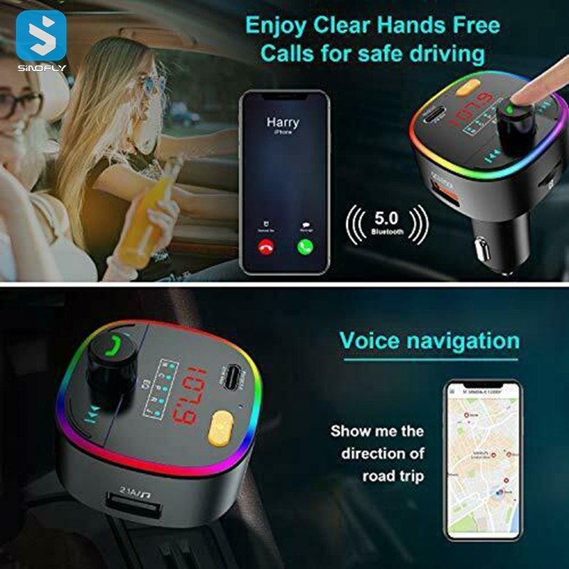 Car Wireless Bt 5.0 FM Transmitter Handsfree Car Kit MP3 Player with QC3.0 USB Charger for Phone