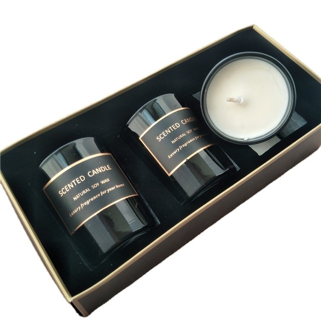 Soy wax essential oil massage candle set in round black glass with gift box