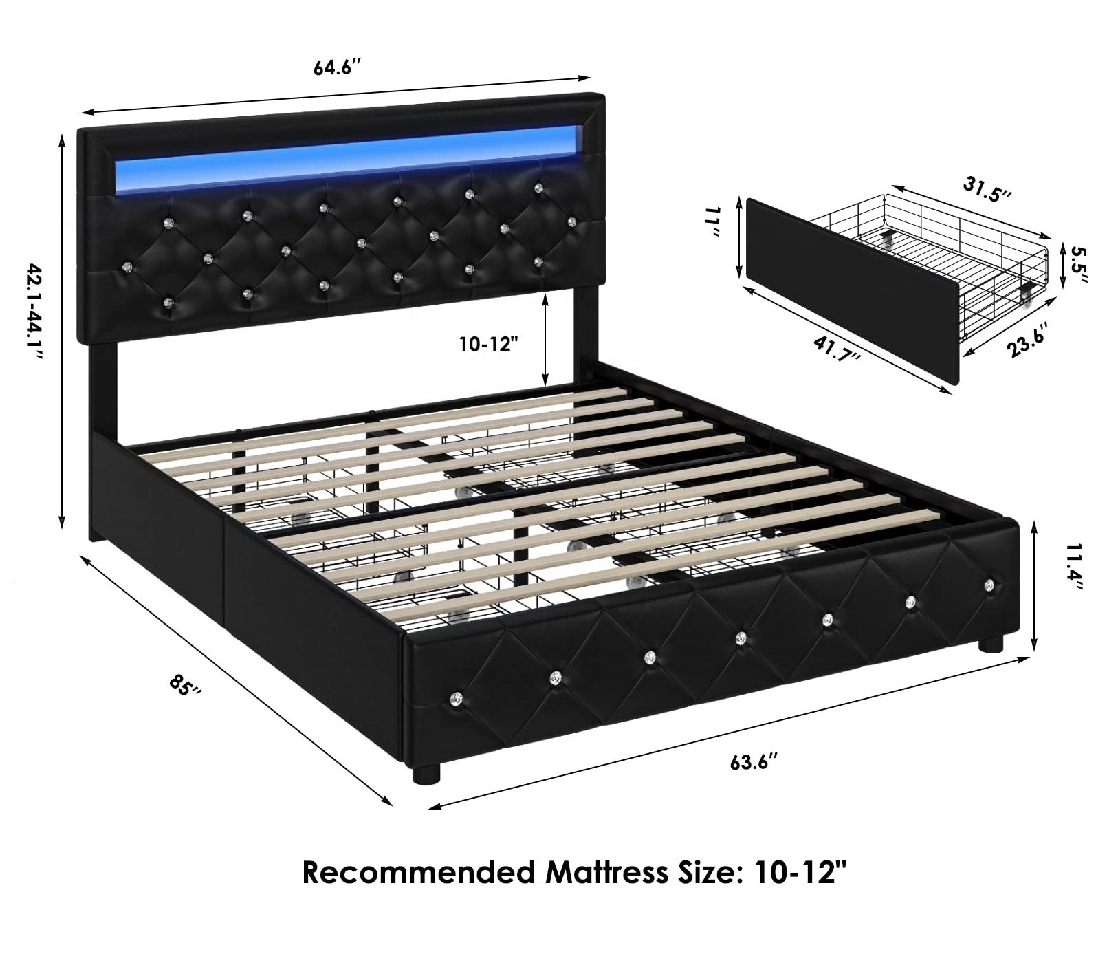 New Modern design king bed frame with led lights Bedroom Furniture double storage bed