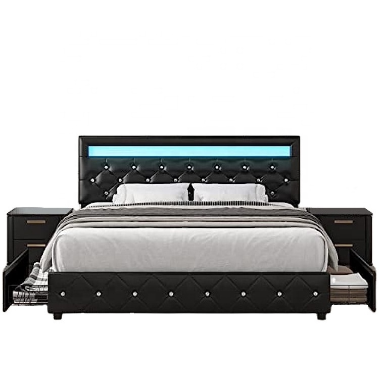 New Modern design king bed frame with led lights Bedroom Furniture double storage bed