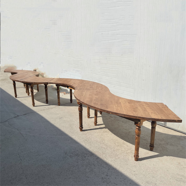 Sinofur rustic curved serpentine farm harvest  table