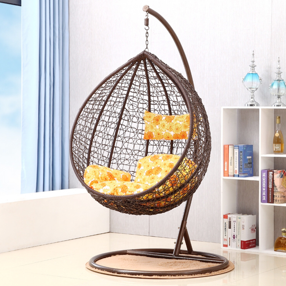 Garden iron metal frame rattan egg hanging swing chair with cushion