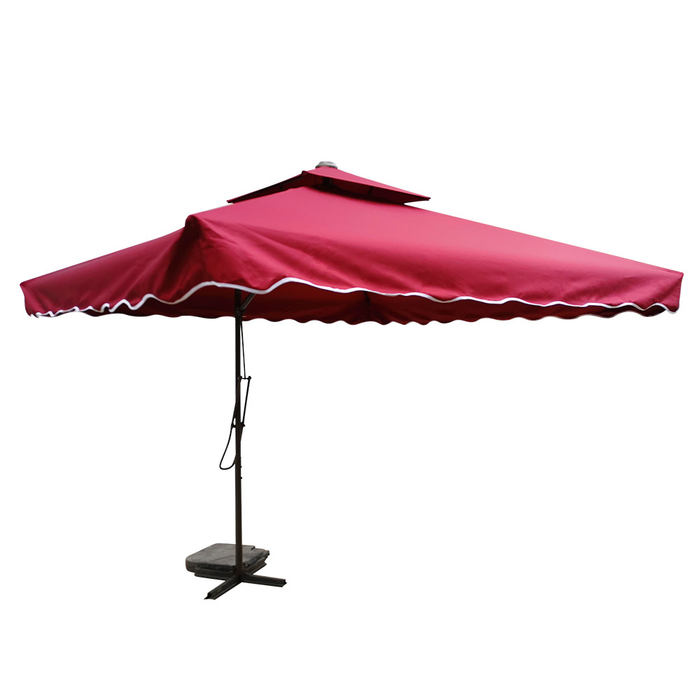 Red rectangular outdoor cantilever parasol patio umbrella with base