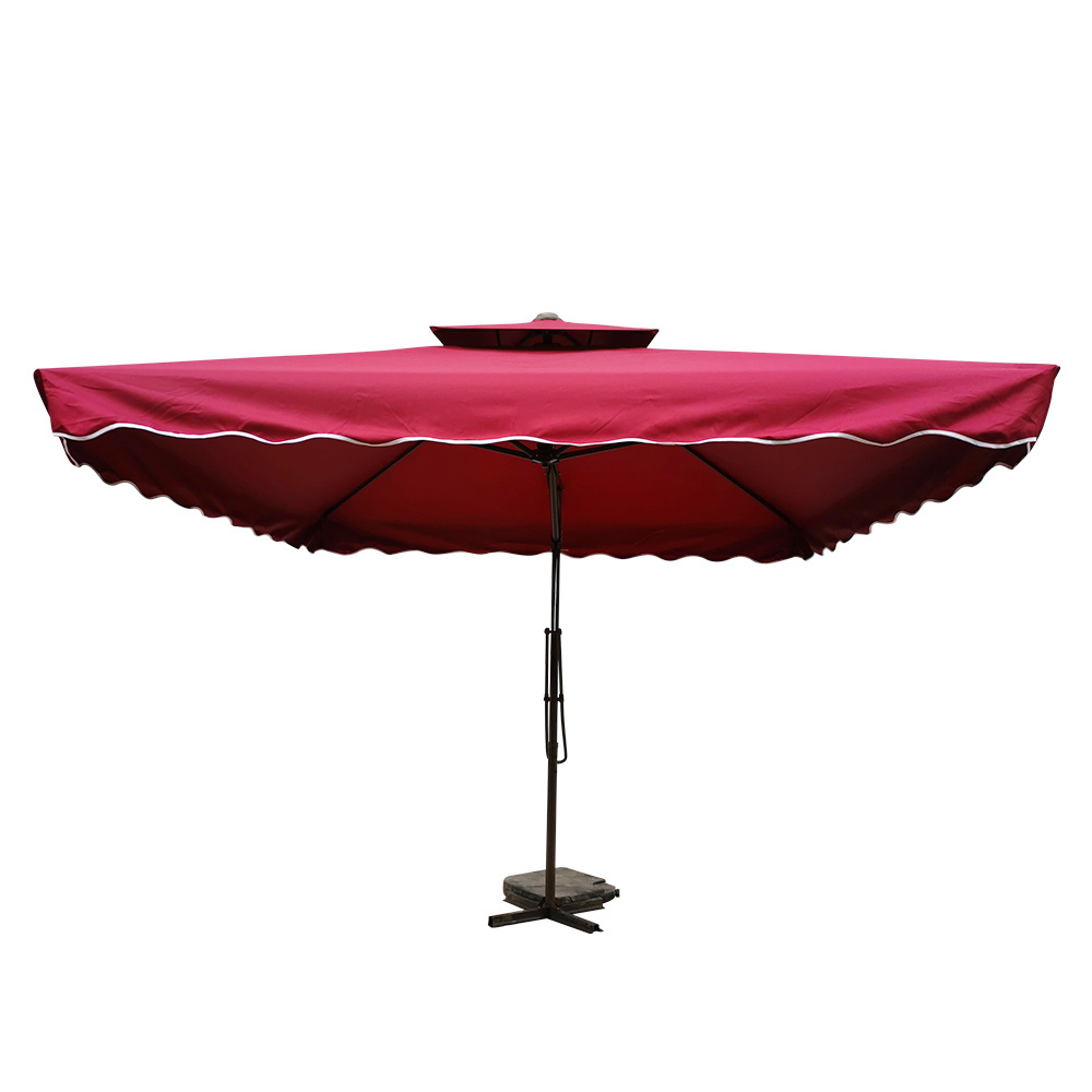 Red rectangular outdoor cantilever parasol patio umbrella with base