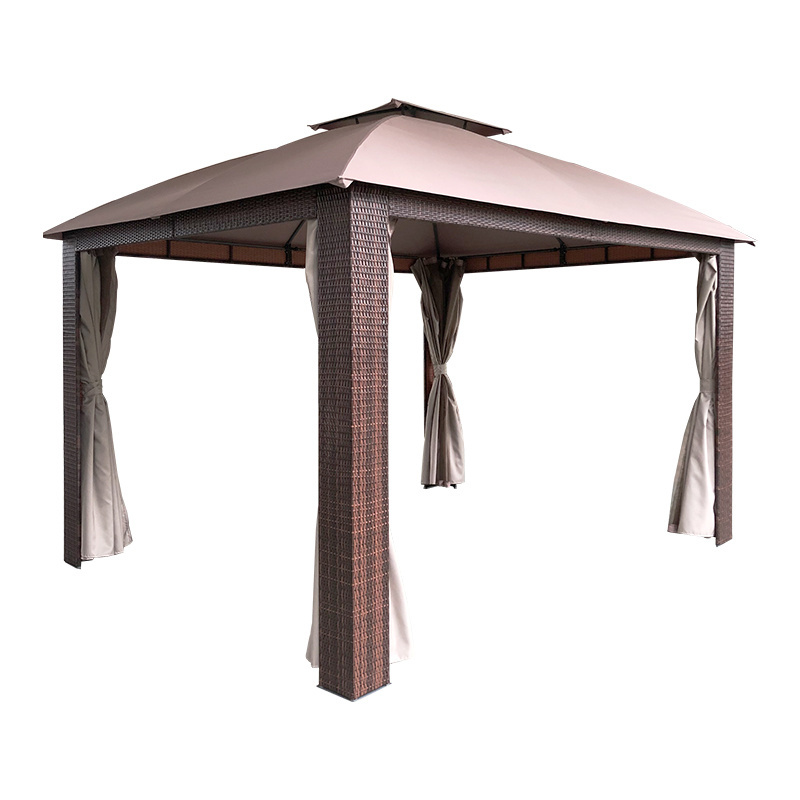 12' x 10' Wicker Gazebo, Large, Brown/Gold Trim