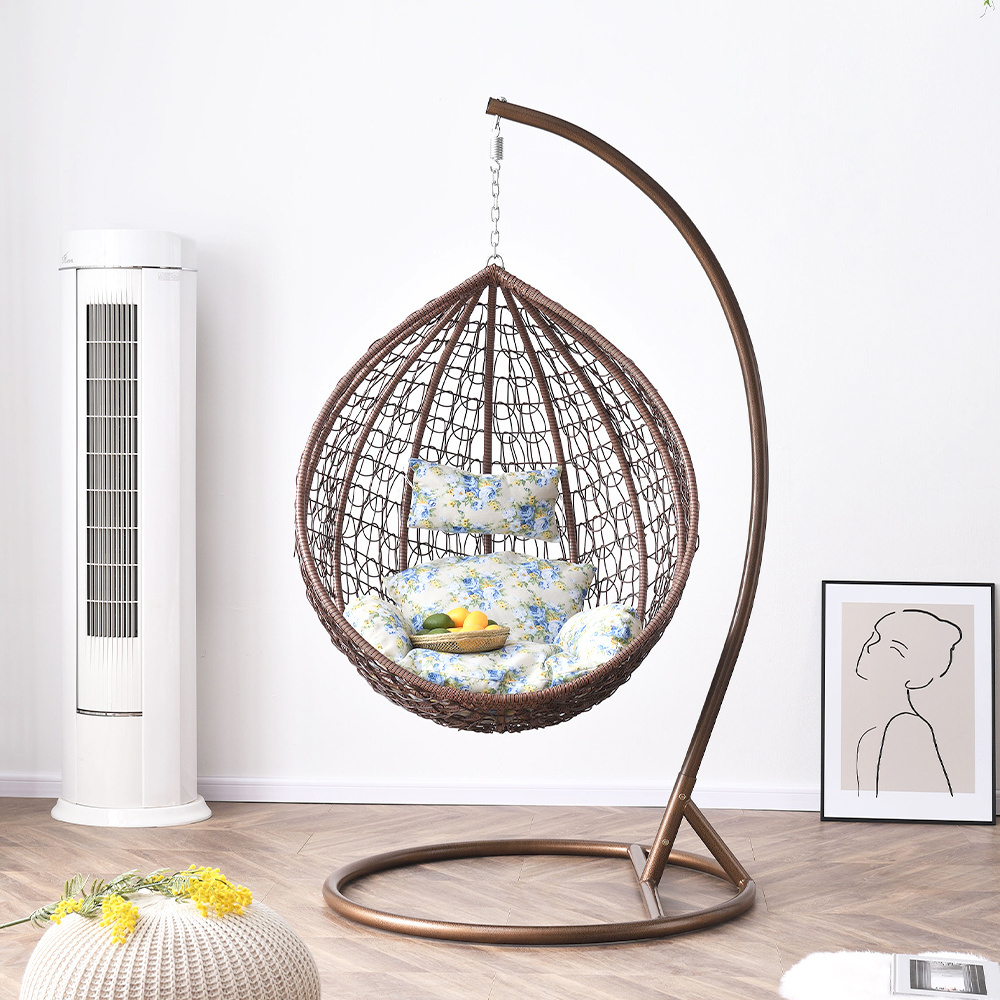 Garden iron metal frame rattan egg hanging swing chair with cushion